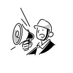 a black and white drawing of a man holding a megaphone with his hand on it