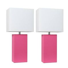 pair of pink and white lamps with square shades on each lamp, side by side