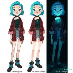 an animated character is shown in three different poses, one with blue hair and the other without