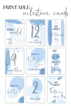 the printable blue watercolor wedding cards are shown in different sizes and font styles