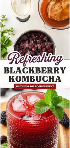 blackberry kombucha recipe with fresh berries and mint leaves on the side, in a