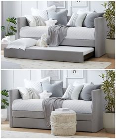 two pictures of a couch with pillows and blankets on it, one in grey and the other in white