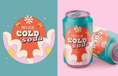 an ice cold soda can next to a pink and blue background