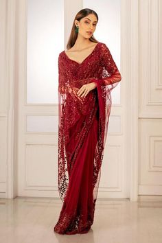 Embellished Saree, Saree Red, Traditional Blouse Designs, Net Saree, Red Saree, Blouse For Women, Lehenga Designs, Work Sarees, Stylish Dress Designs