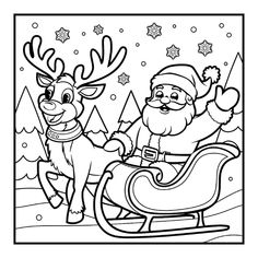 santa claus and his reindeer sleigh coloring pages for kids to print out on