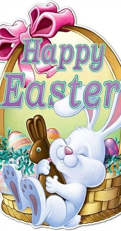 a happy easter card with an image of a bunny and a basket full of eggs