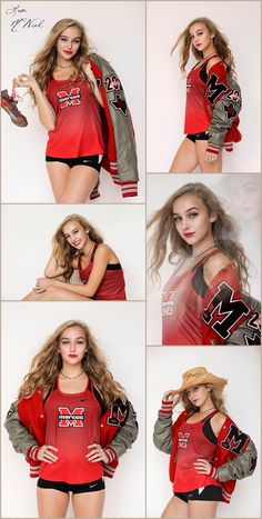 a collage of photos showing the different poses of a woman in red and black