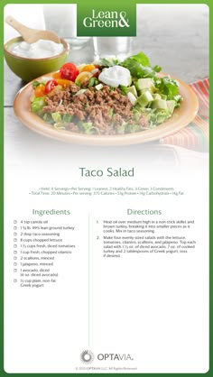 Taco Salad Recipe for OPTAVIA Lean & Green Green Diet, Lean Meals, Lean And Green Meals, Protein Meals, Health Dinner Recipes, Taco Salad