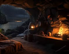 a bed sitting inside of a cave filled with lots of fire next to a lake