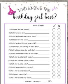 a birthday girl guess game with the words who knows the birthday girl best?