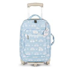 a blue rolling suitcase with rainbows and clouds on it