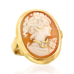 Ross-Simons - Italian Orange Shell Cameo Ring in 18kt Gold Over Sterling. Size 7. Captivating and sophisticated, this Italian-made cameo ring is staggering. Here, a 20x15mm orange oval shell showcases a profile of an elegant woman gazing off into the distance with a diamond-accented necklace. Crafted in polished 18kt yellow gold over sterling silver. 1" wide. Shell cameo ring. Cameo Bracelet, Cameo Ring, Italian Jewelry, Natural Gold, Jewelry Essentials, Station Necklace, Pearl Shell, Cultured Pearls, Elegant Woman