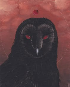 a painting of an owl with red eyes and a black bird's head in the background