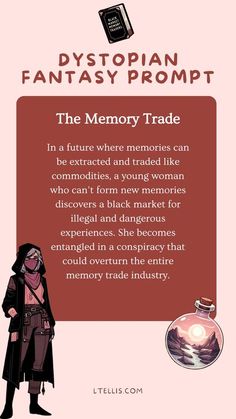 a woman standing in front of a sign that says, the memory trade is here