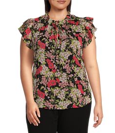 From Anne Klein Plus&#x2C; this blouse features: floral print ruffle tie neckline short sleeves pullover construction approx. 26.75" length polyestermachine wash/dry flat Imported. Floral Print Tie Neck Tops For Workwear, Flutter Sleeve Top With Floral Print For Work, Workwear Blouse With Floral Print And Flutter Sleeves, Floral Print Ruffle Sleeve Top For Work, Workwear Tops With Floral Print And Ruffle Sleeves, Professional Work Outfit, Coaster Crafts, Mexican Fashion, Skirt Suits