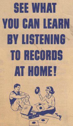 an old advertisement with two people sitting at a table talking to each other and the words, see what you can learn by listening to records at home