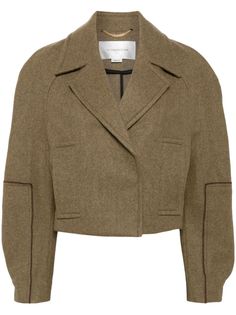 khaki merino wool blend panelled design notched collar concealed front fastening two side welt pockets long sleeves press-stud fastening cuffs straight hem cropped Luxury Fashion Brands, Designer Jackets, Airport Fashion, Wool Peacoat, Blazer Outfits, Autumn Outfit