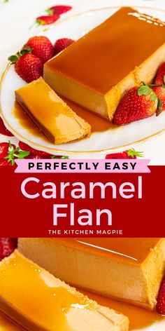 caramel flan on a plate with strawberries