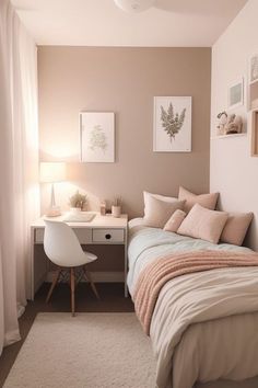 a bedroom with a bed, desk and pictures on the wall