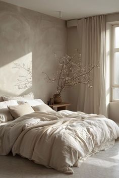 a large bed sitting next to a window in a room with white walls and curtains