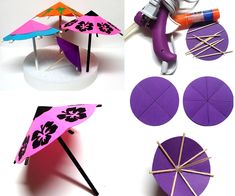 several pictures of different items made out of construction paper and crafting tools, including umbrellas