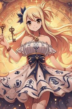 an anime character with long blonde hair wearing a white dress and holding a key in her hand