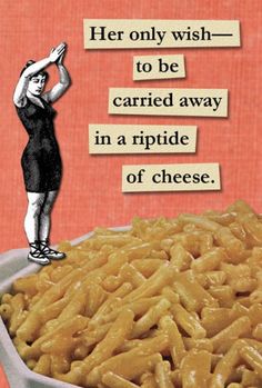 an advertisement for macaroni and cheese with a woman standing on top of it