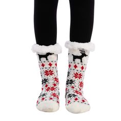 Our soft snowflake slipper socks fleece lining knit Christmas knit (2 pack) women’s thick knit sherpa fleece-lined thermal fuzzy slipper socks with grippers include snowflakes designs for red socks and reindeer designs for white socks. One size suitable for women us shoe size 5 to 10. Perfect for Christmas or daily wear, comfy Christmas holiday winter socks, sweet gift for friends and families. Great present for home daily wear, girlfriend, daughter, wife, birthdays, christmas gift and valentine Snug Non-slip Winter Socks, Cozy Round Toe Winter Socks, Non-slip Winter Socks, Thick Warm White Socks, White Socks For Winter Gifts, Winter Gift Non-slip Socks, White Winter Socks As Gift, Non-slip Winter Socks As Gift, White Winter Gift Socks