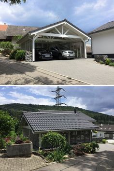 before and after photos of a house with solar panels on the roof, then at the garage