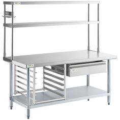 a stainless steel workbench with drawers and shelves