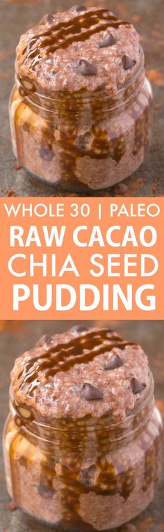 two jars filled with raw cacao chia seed pudding on top of each other