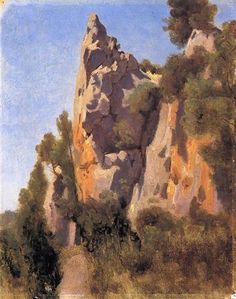 a painting of rocks and trees on a sunny day