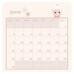 a calendar for june with an image of a baby in the middle and stars on it