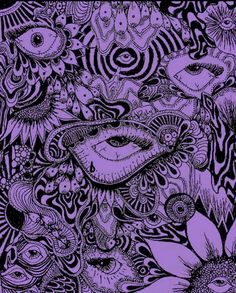 an artistic purple and black drawing with flowers, fish, and other things in the background