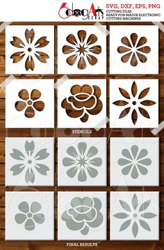 the flower stencils are shown in different sizes and colors, including brown and white