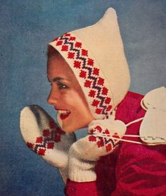 Vintage Hood & Mitten Set Knit Pattern Fair Isle knitting Misses size elf hat gloves Knitted Ski Hat, Knit Hat Scarf Mitten Pattern, Twin Set Sweater, Knitting Machine Ideas, Accessories Matching, Motif Fair Isle, Retro Clothes, Elf Hat, Mittens Pattern