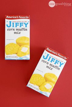 two boxes of jeffy corn puffs on a red surface