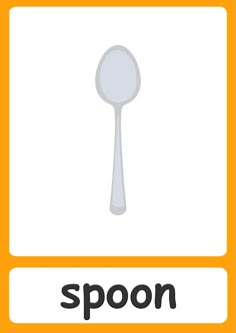 a spoon with the word spoon on it in front of an orange and white background