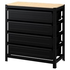 a black dresser with three drawers on one side and a wooden top, against a white background