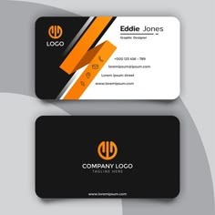 two business cards with an orange and black stripe on the bottom one is for a company