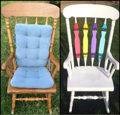 two chairs with different colored cushions on them