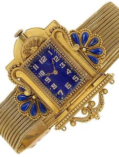 Circa 1870 Archaeological Revival Gold and Lapis Mesh Slide Bracelet Watch, centering a rectangular blue enamel dial with applied gold Arabic numerals, set within a case of architectural form, accented with gold balls, flanked by a fan of 10 pear-shaped cabochon lapis edged by small gold balls, completed by a herringbone link mesh bracelet accented by lapis slides of similar design, movement signed Koehn. Slide Bracelet, Lapis Lazuli Jewelry, Jewelry Auction, Mesh Bracelet, Stylish Watches, Patek Philippe