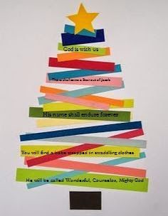 a christmas tree made out of strips of colored paper with words written on the bottom