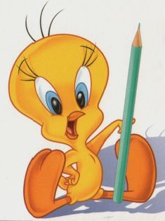 a yellow bird holding a pencil in its paws