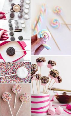 the collage shows different types of candies and lollipops on sticks