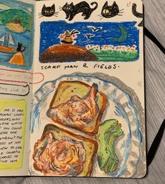 an open children's book with pictures of cats and food