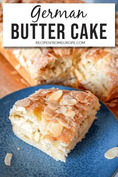 a piece of german butter cake on a blue plate