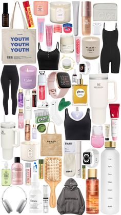 the contents of a woman's personal care products arranged in a collage on a white background