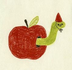 a drawing of an apple with a worm on it