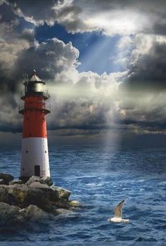 an image of a lighthouse in the middle of the ocean with birds flying around it